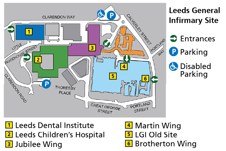 Illustration of a map of the Leeds General Infirmary site including locations of entrances, parking, disabled parking, Leeds Dental Institute, Leeds Children's Hospital, Jubilee Wing, Martin Wing, LGI Old Site and Brotherton Wing