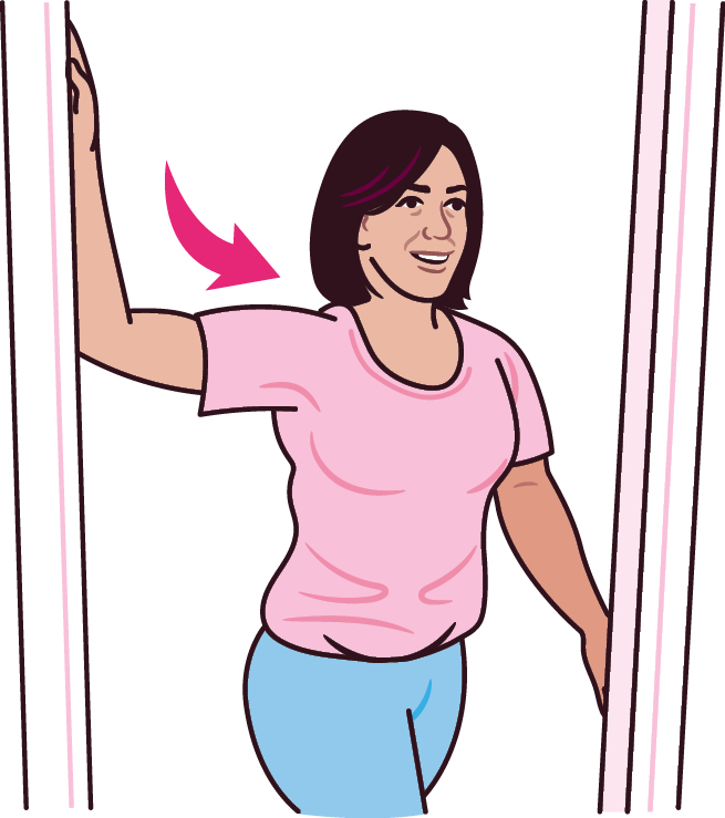 Illustration for Standing pec stretch exercise. A person is stood in a door frame with one hand on the frame above their head, their other hand is on the other side of the door frame at hip height. There is an arrow signifying the person is moving their body forwards.