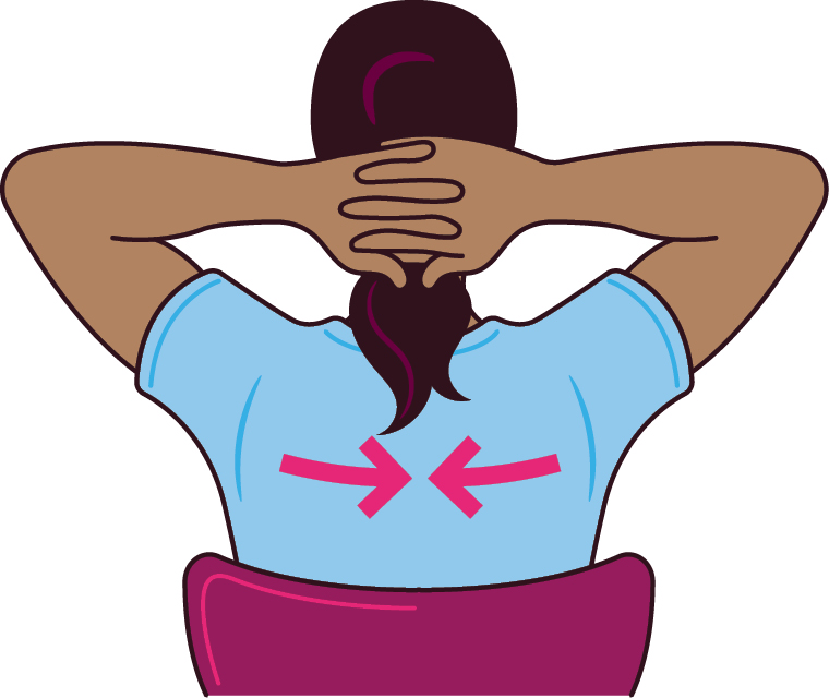 Illustration of Hands Behind the Head Stretch - it shows a person sat in a chair from behind with their hands behind their behind their head with fingers interlaced. There are two arrows going from the shoulder bladed towards the person's spine, indicating squeezing the shoulder blades together.