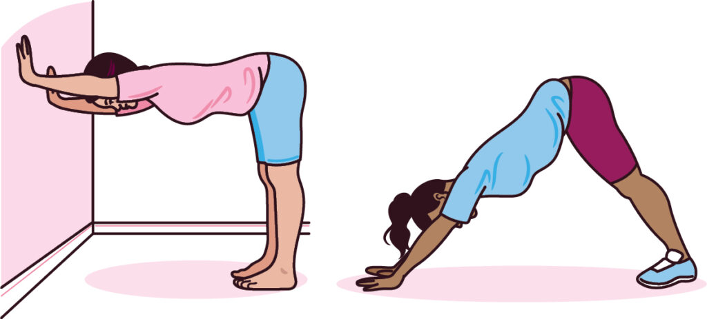 Illustration of downward dog exercise with arms against a wall. A person is stood with the feet flat on the floor, they are bent at the waist at 90 degrees with their arms out straight with both hands flat against the wall in front of them.
Illustration of downward dog exercise on the floor. A person is bent at the waist at 90 degrees, their arms and legs are straight. Both feet and hands are flat on the floor and their rear is raised high in the air.