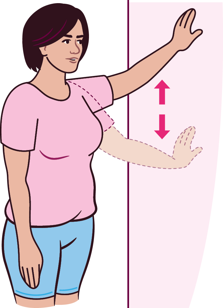 Illustration of Abduction exercise done in another way. It shows a person stood next to a wall. Their arm is out  straight from their side with their hand touching the wall. There are arrows indicating that the hand is going up and down the wall.