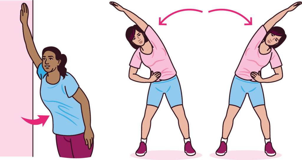 Illustration of abduction with lateral flexion exercise with hand on a wall. A person is showed stood next to a wall, their hand is straight up above their head against the wall, their other arm is down by their side. There is an arrow to indicate the person is moving their waist away from the wall to stretch the lateral trunk.
Illustration of abduction with lateral flexion exercise. A person is stood with feet apart, one hand is on their hip, their other hand is raised straight up above their head. They are bending at the waist to the side in a circular motion towards the side with their hand on their hip. they are showed doing this exercise towards both sides.