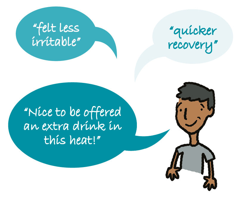 Illustration of a character with three speech bubbles saying felt less irritable, quicker recovery and nice to be offered an extra drink in this heat.