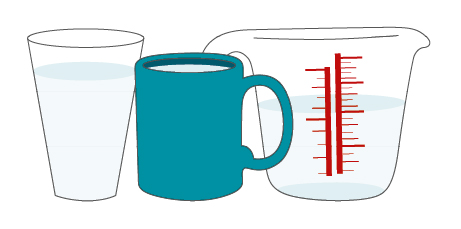 Illustration of a glass full of water, mug full of water and a measuring jug with half a pint of water.