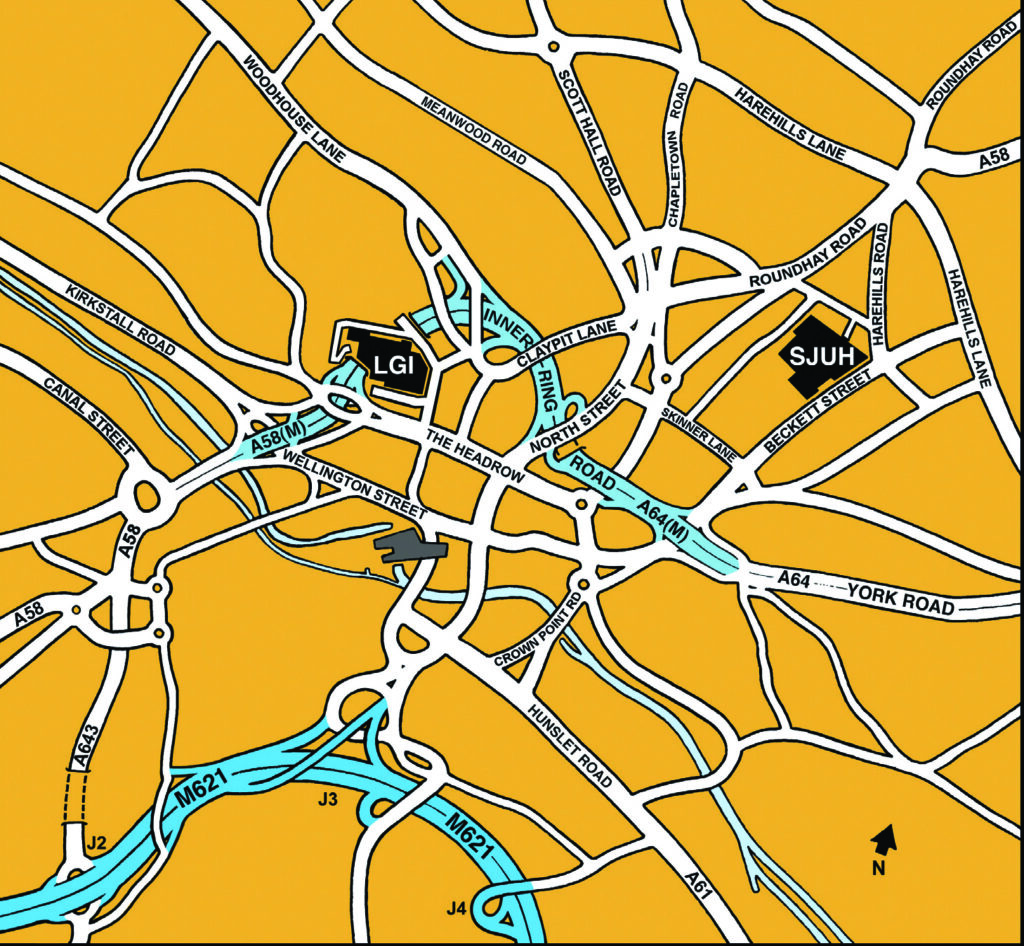 An image of a map of Leeds showing the locations of the Leeds General Infirmary and St James’s University Hospital.