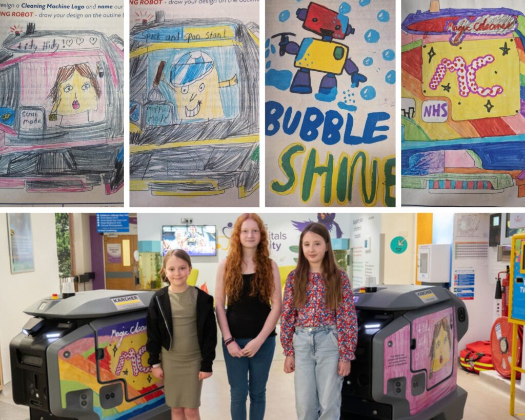 Photo: pictures of the drawing of the children's design competition entries. 
Picture of three children stood in the middle of the cleaning robots showing casing their designs on the machines. 