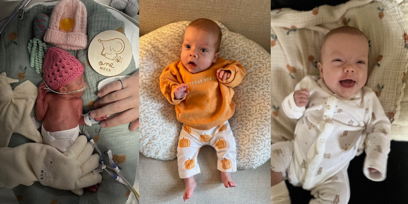 3 photos of baby Margot from 1 week up to 19 weeks. The first photo is in an incubator wearing a pink hat and nappy, the second in a 'cutest pumpkin' orange jumper and pumpkin leggings and the third she is laughing in a bear print baby grow.