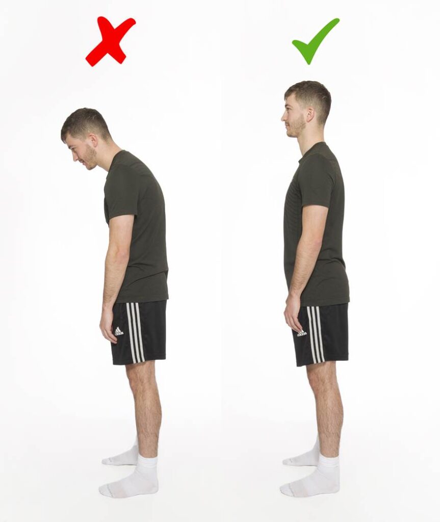 Photograph of a person with bad neck and back posture and a photograph of a person with good neck and back posture.