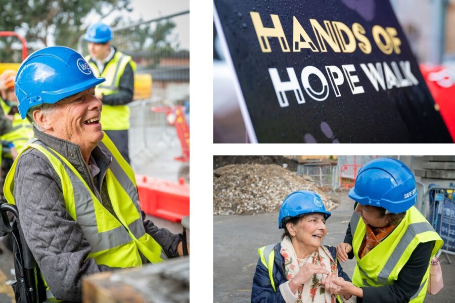 Collage of three pictures. Left photo of person in hard hat and high-vis jacket, seated and laughing. Top right sign bearing the words Hands of Hope Walk. Bottom right, two people in hard hats and hig-vis jacket laughing