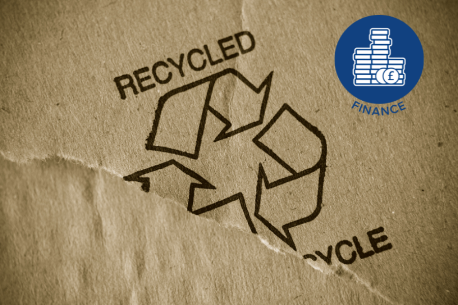 Cardboard waste with recycling symbol printed. A blue icon with stylised coins representing the Trust's Finance commitment is overlaid.