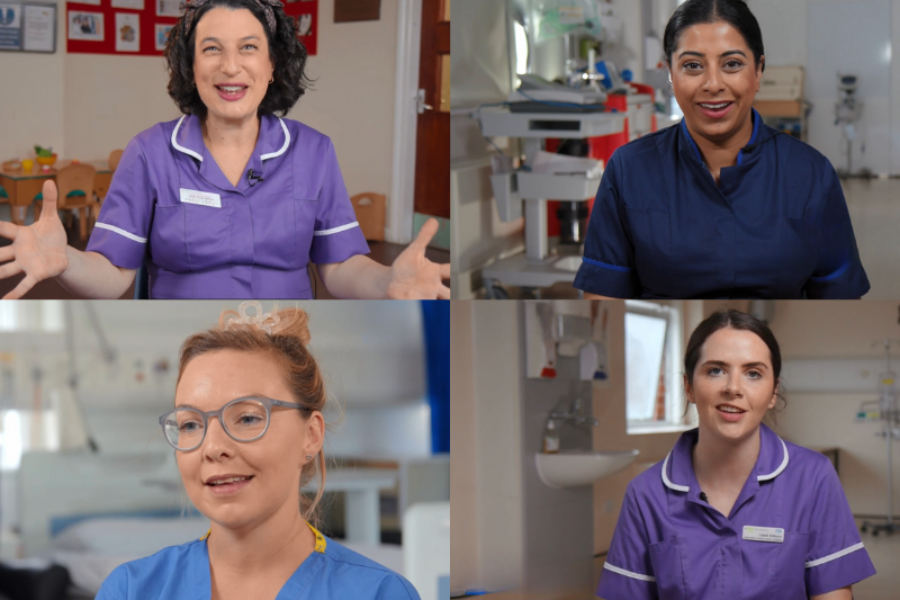 Four midwives in purple, dark and light blue uniforms smiling in different still shots from the video