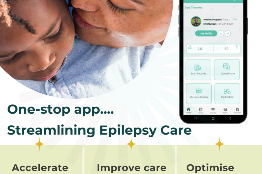 An image of the app on a phone with a an adult and a child. Text on the image says: "One-stop app... Streamlining Epilepsy Care. Accelerate diagnosis. Improve care coordination. Optimise medication."